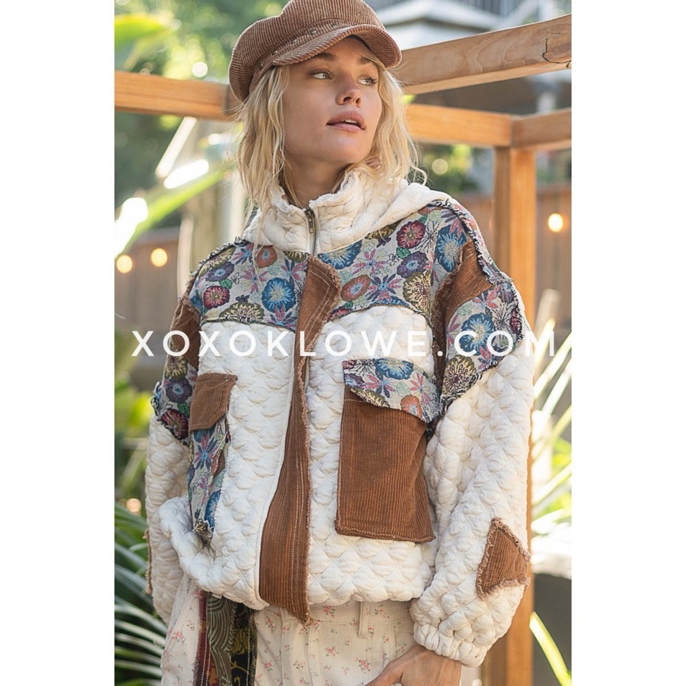 POL Cream Quilted Zip Up Jacket with Floral Jacquard & Corduroy Contrast